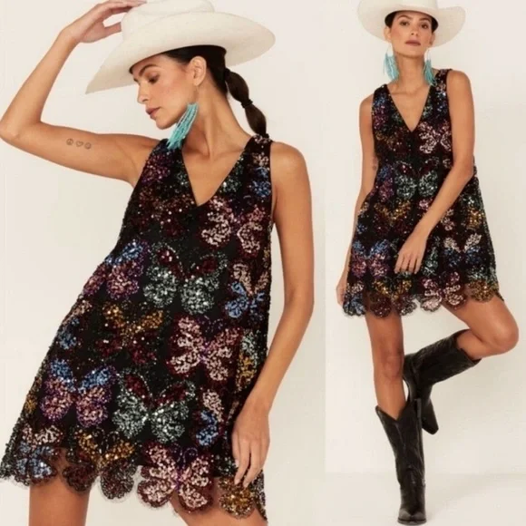 Free People Fly Me Away Mini Dress in Black Combo Butterfly Sequins RARE FIND S - Picture 2 of 10